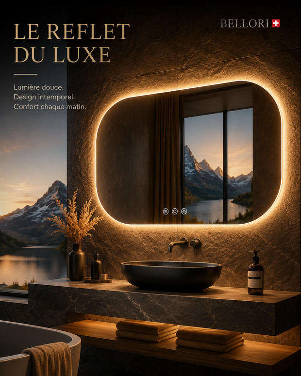 Ambiance luxe Bellori avec miroir rétroéclairé, lumière douce et reflet design