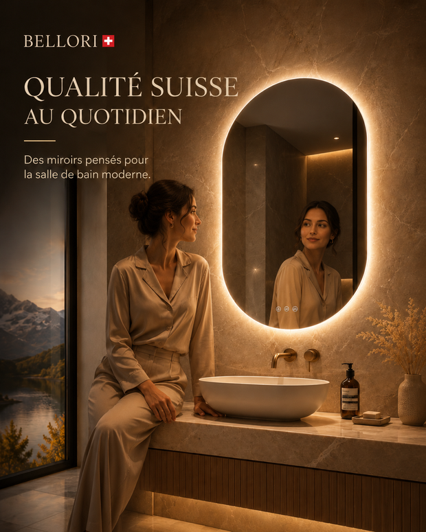 Ambiance salle de bain haut de gamme avec miroir Bellori rétroéclairé et qualité suisse au quotidien