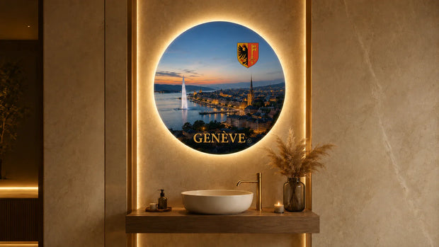 Miroir rond salle de bain LED Bellori rétroéclairé avec design suisse inspiré de Genève