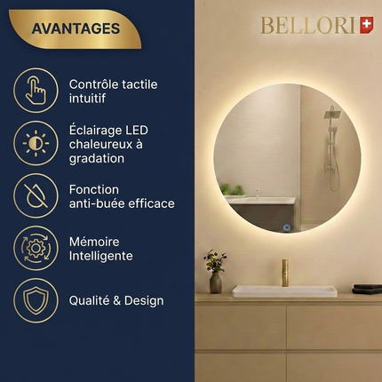 Miroir rond LED salle de bain Bellori avec éclairage chaleureux, fonction anti-buée, contrôle tactile et mémoire intelligente