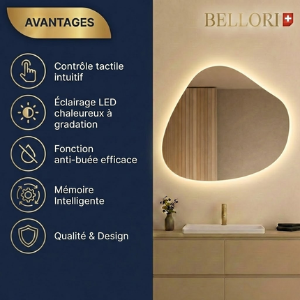 Miroir LED organique Bellori salle de bain avec contrôle tactile, éclairage LED dimmable, fonction anti-buée et mémoire intelligente