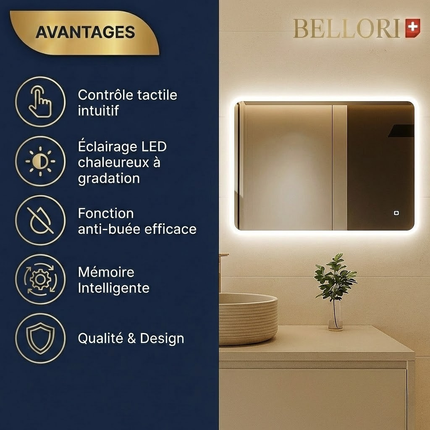 Miroir LED rectangulaire Bellori salle de bain avec contrôle tactile, éclairage LED dimmable, fonction anti-buée et mémoire intelligente
