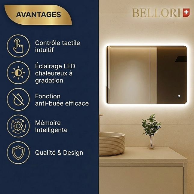 Miroir LED rectangulaire Bellori salle de bain avec contrôle tactile, éclairage LED dimmable, fonction anti-buée et mémoire intelligente