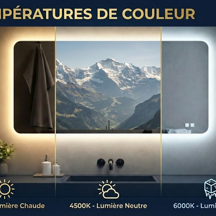 Miroir LED salle de bain Bellori avec 3 températures de couleur réglables : lumière chaude, neutre et froide