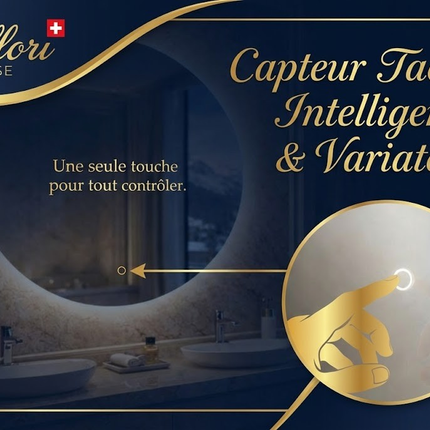 Miroir LED salle de bain Bellori avec capteur tactile intelligent et variateur d’intensité lumineuse
